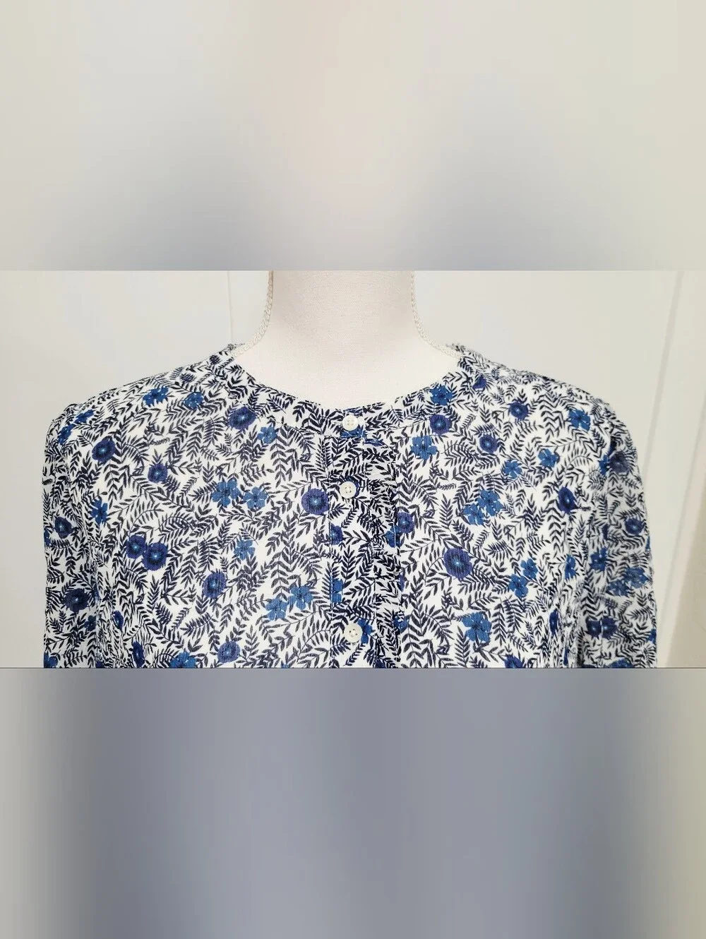 NWT J.Crew Short Sleeve Blue & White Floral Button-Up Peasant Blouse | Size XL
